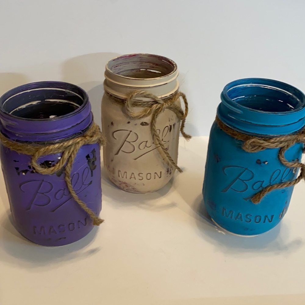 3 Distressed Painted Pint Size Ball Mason Jars Table Home Decor